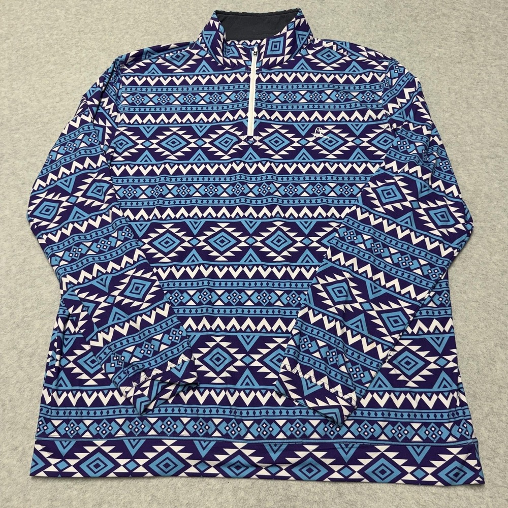 Rhoback Pullover Mens 2XL Blue Aztec 1/4 Zip Mock Neck Golf Stretch Lightweight